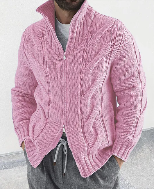 High Neck Two-way Zipper Twist Knit Sweater