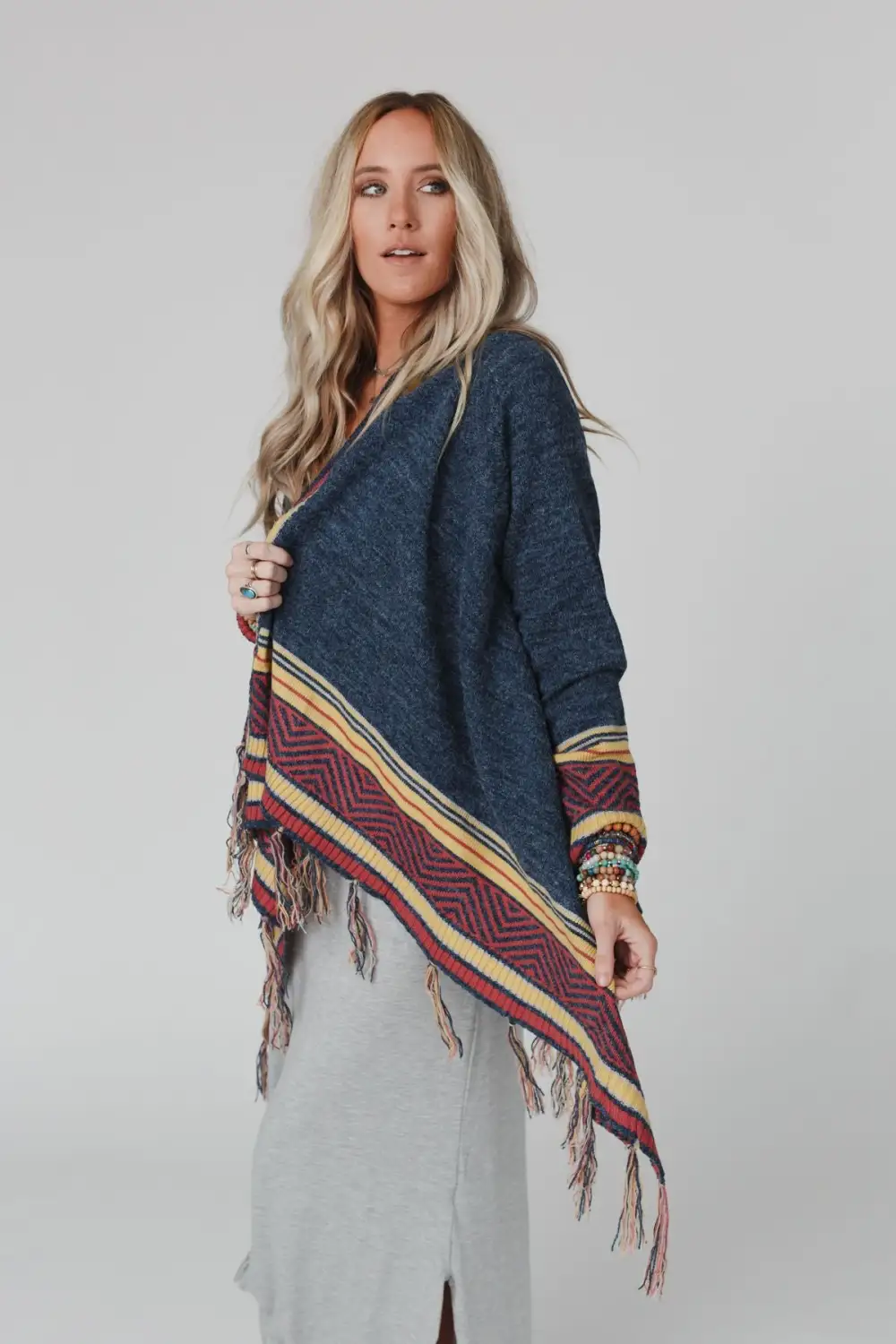 Bailey Printed Border Fringe Cardigan - Navy