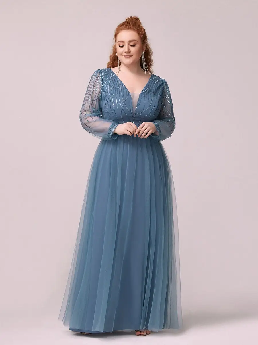 Elegant Plus Size Tulle Wholesale Long Evening Dress with Sequin