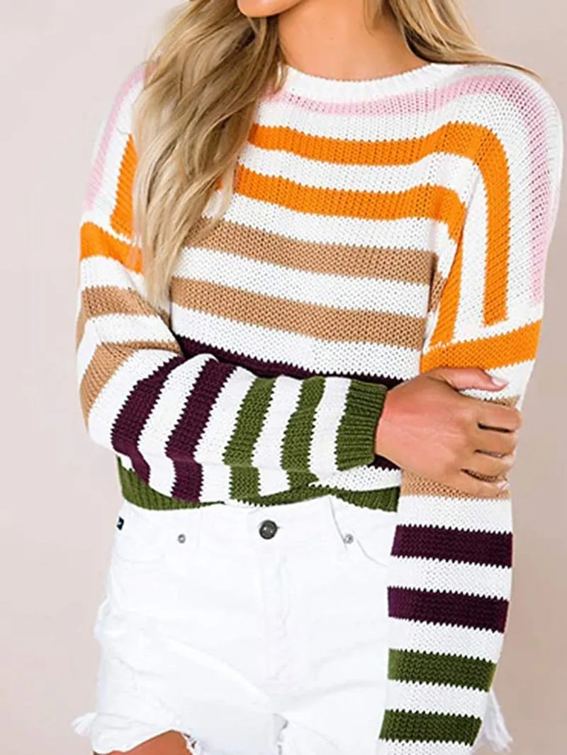 Women's Sweaters Multicolor Striped Round Neck Knitted Sweater