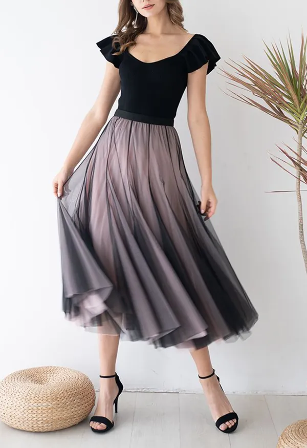 MIXTURE COLOR PANELLED TULLE MAXI SKIRT IN BLACK