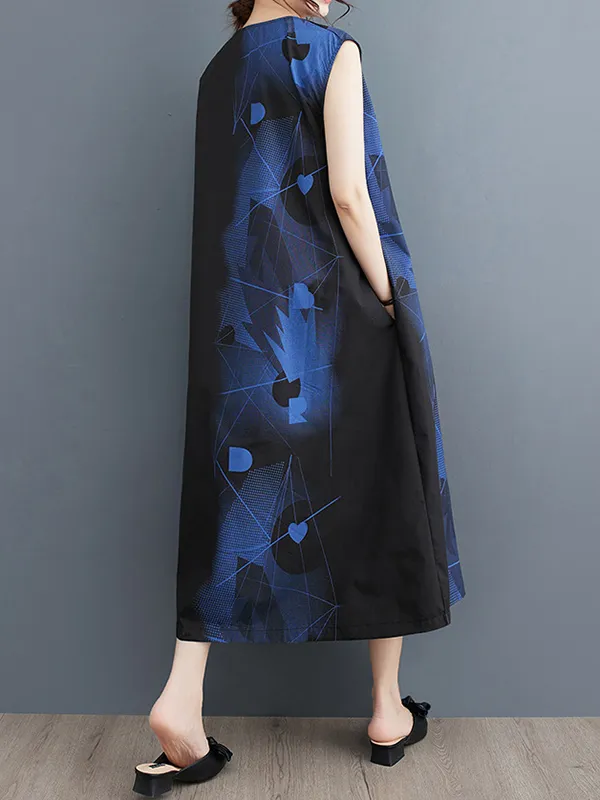 Loose Sleeveless Printed Round-Neck Midi Dresses