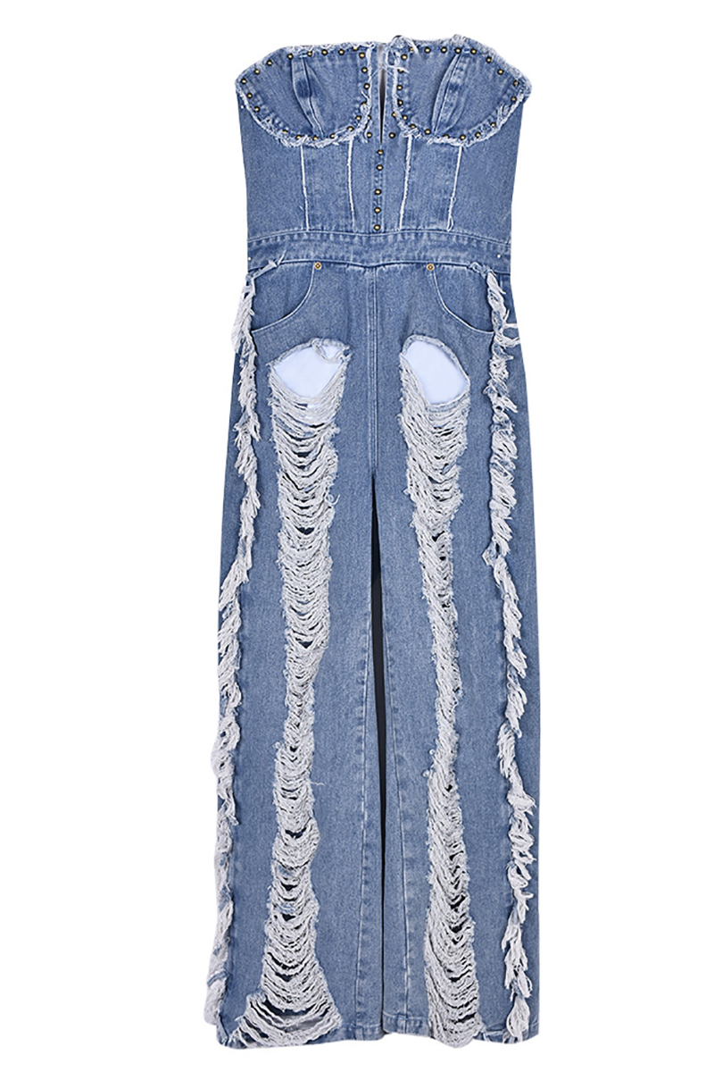 V Neck Raw Edge Scratch Hollow Out Strapless Denim Jumpsuit