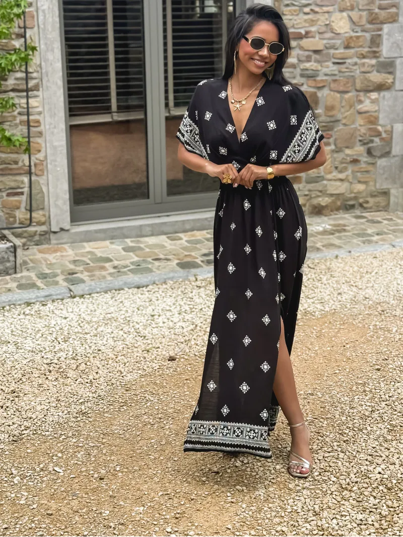 KATALYNA PATTERNED LONG DRESS - BLACK