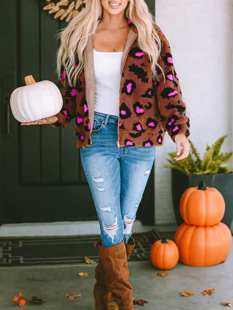 Casual contrasting leopard print sherpa jacket