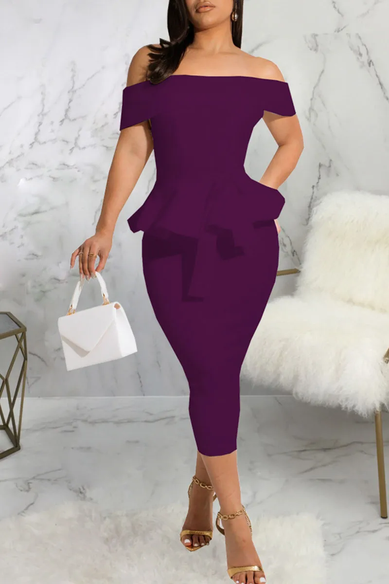 Burgundy Work Elegant Solid Bandage Patchwork Flounce Off the Shoulder Dresses