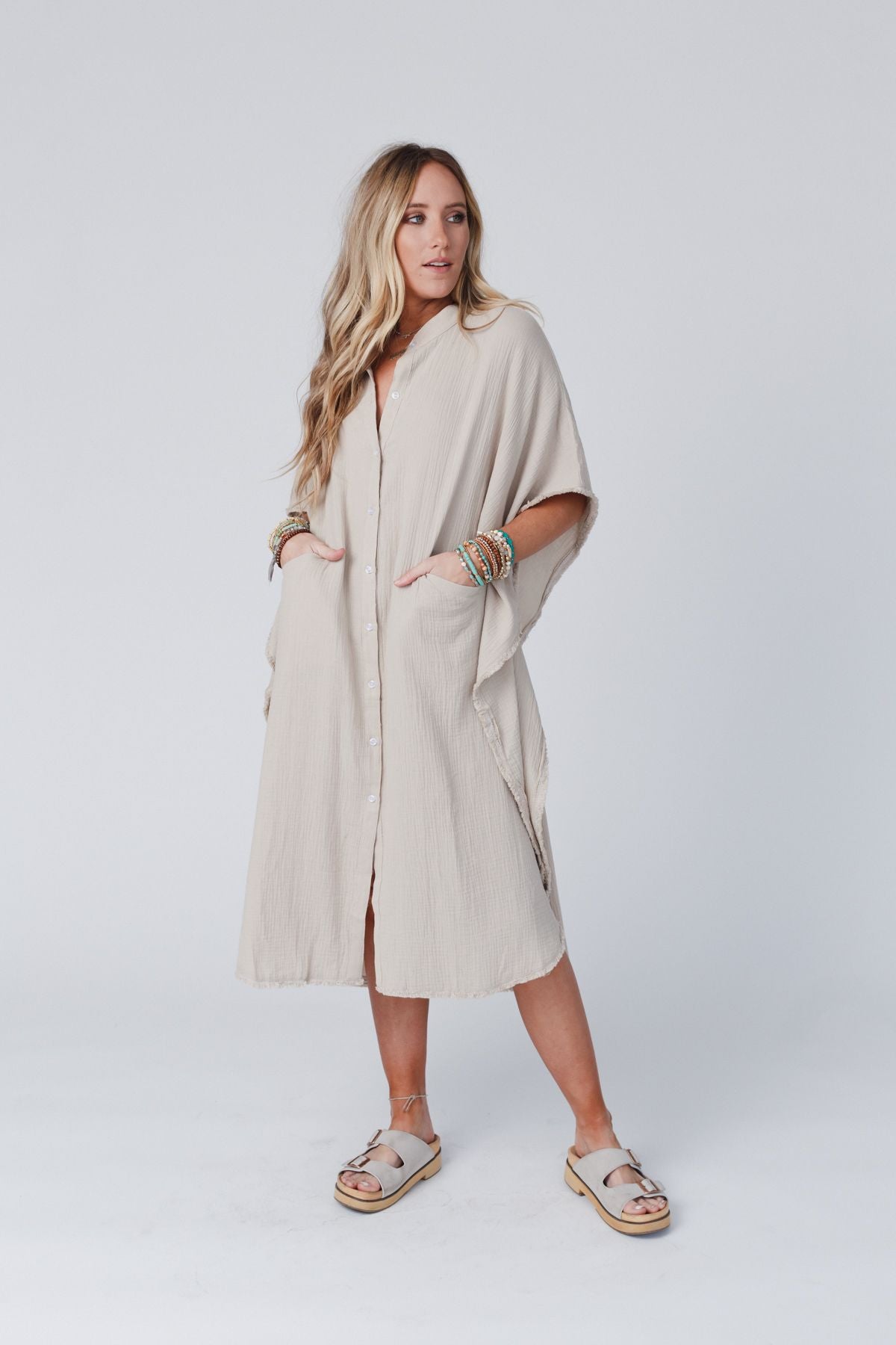 All My Days Button Down Midi Dress- Taupe