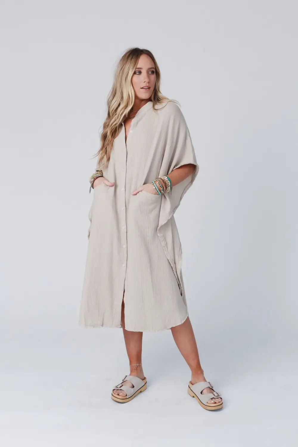 All My Days Button Down Midi Dress- Taupe