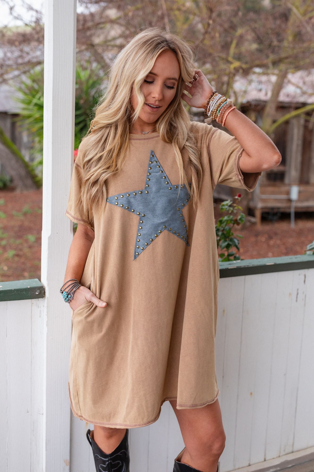 Celestial Star Patch Tee Dress - Latte