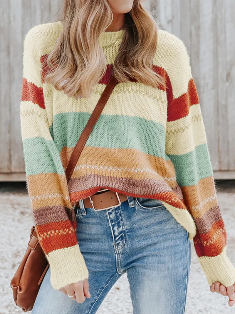 Crew Neck Drop-shoulder Striped Color Block Sweater