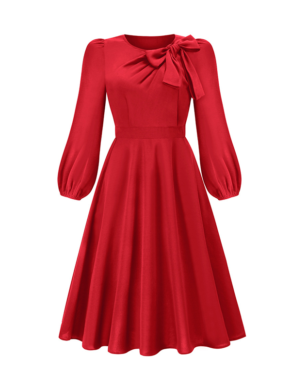 A-Line Long Sleeves Asymmetric Bowknot Elasticity Solid Color Round-Neck Midi Dresses