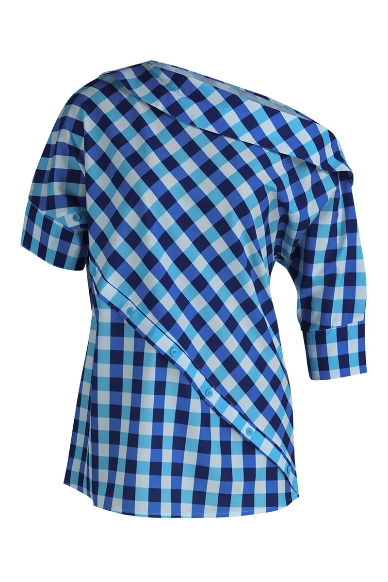 Blue Casual Plaid Print Patchwork Asymmetrical Oblique Collar Tops