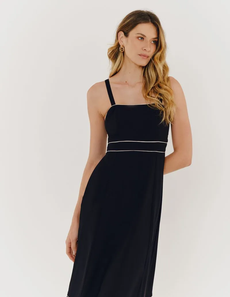 Contrasting Piping Dress - Black