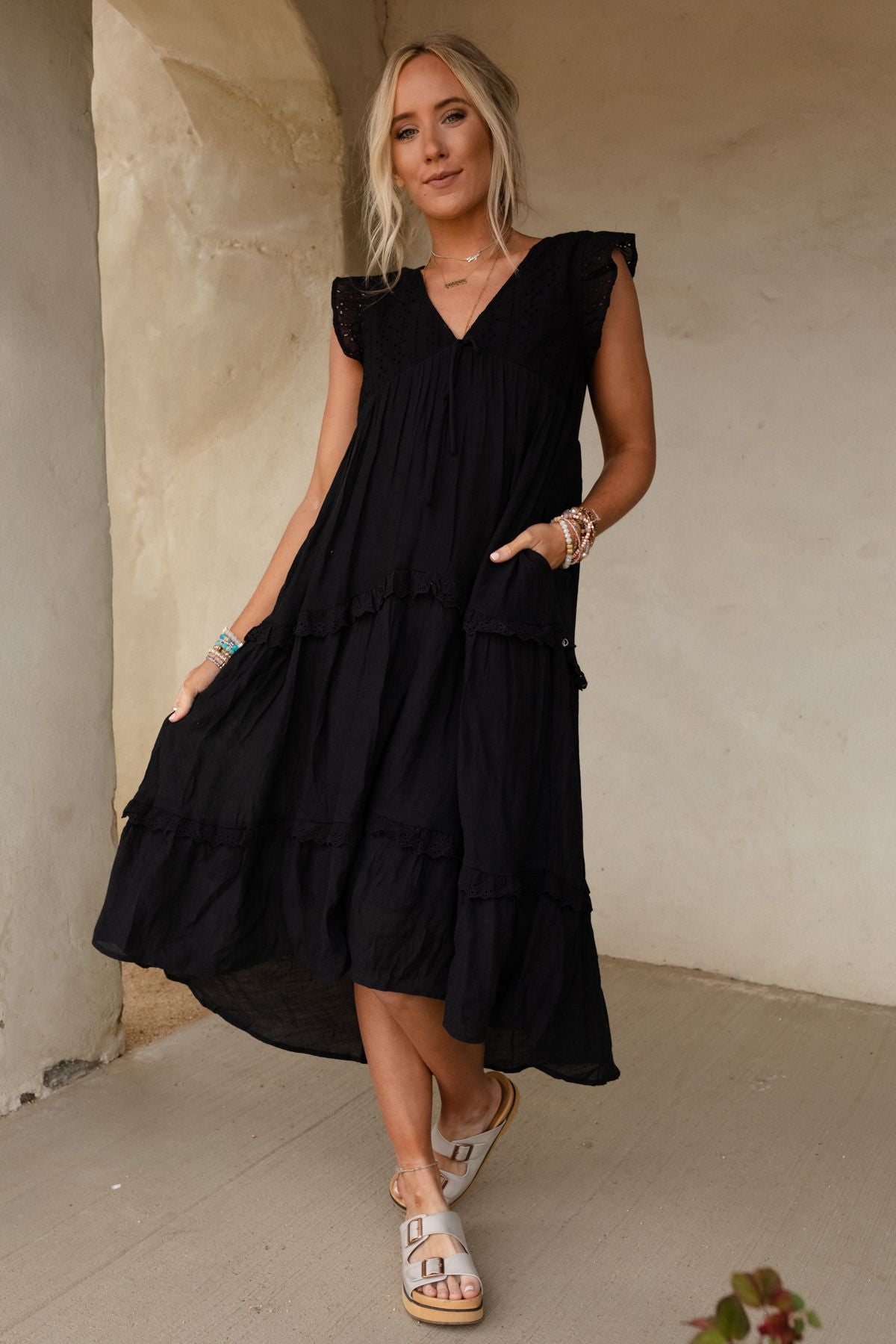 Mina Tiered Scallop Edge Maxi Dress - Black