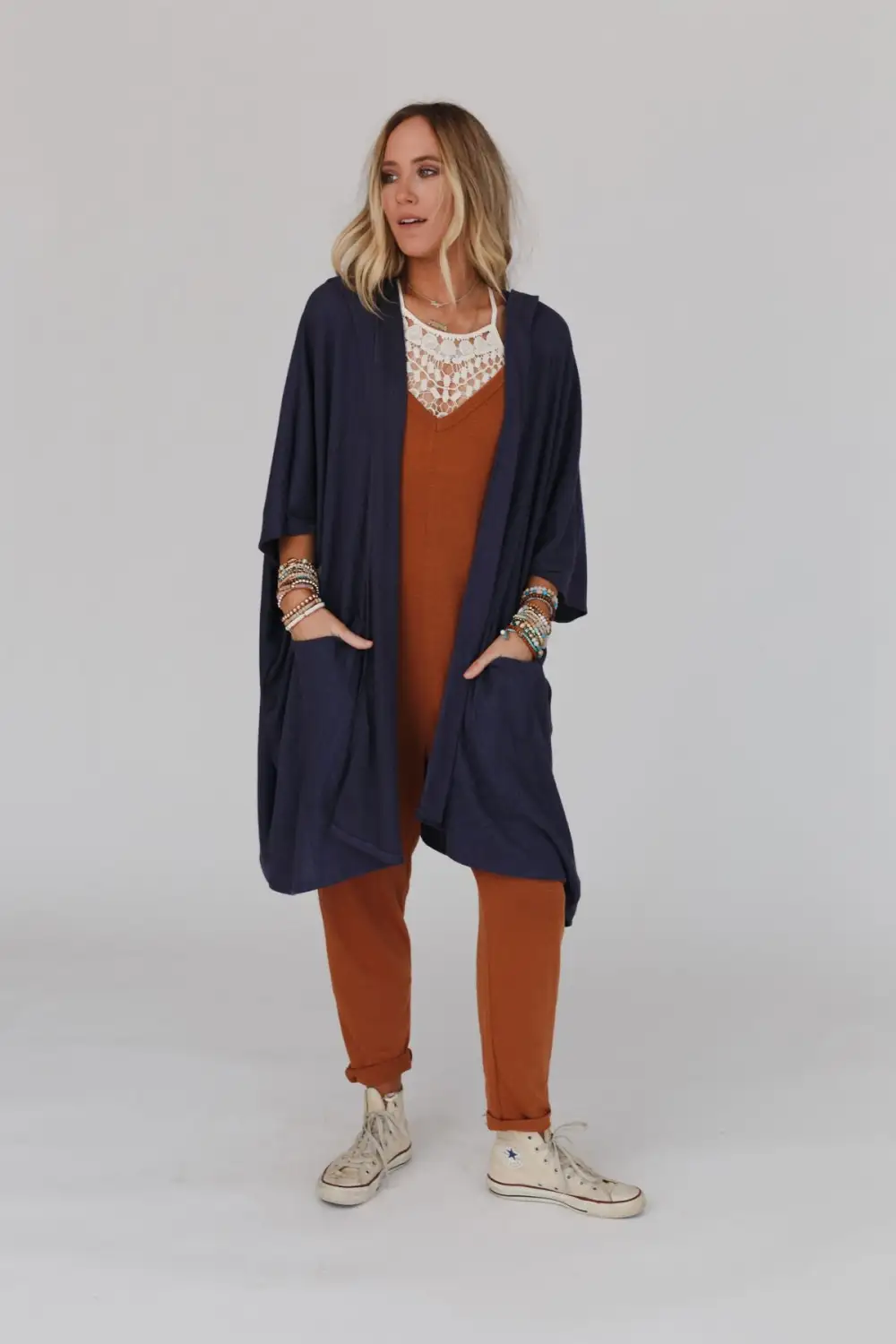 Boho Essential Hooded Ribbed Sweater - Navy