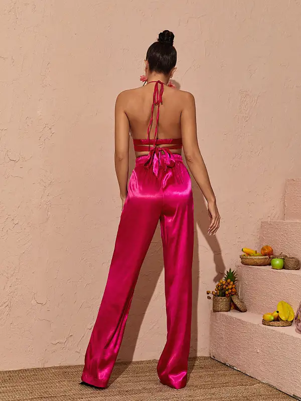 Zariyah Halterneck Satin Set In Hot Pink