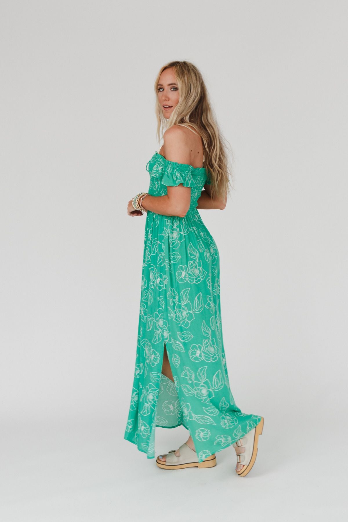 Blooming Love Off The Shoulder Maxi Dress - Green