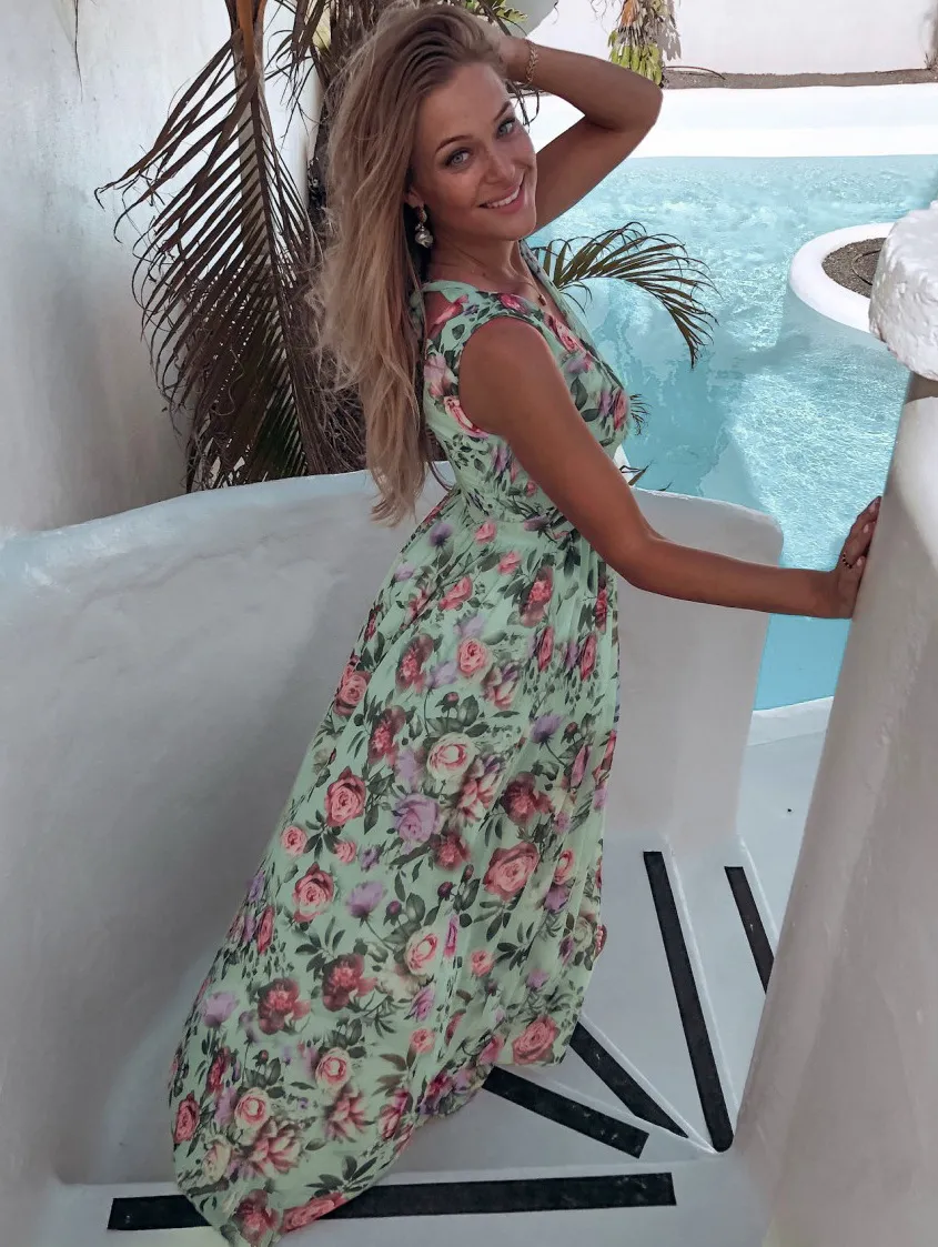 Summer Formal Floral Green Sleeveless Wrap Long Sundress