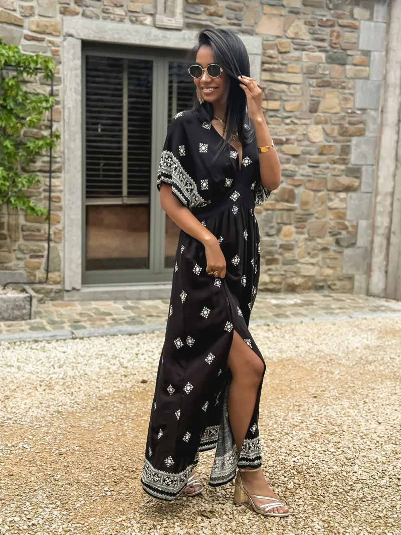 KATALYNA PATTERNED LONG DRESS - BLACK