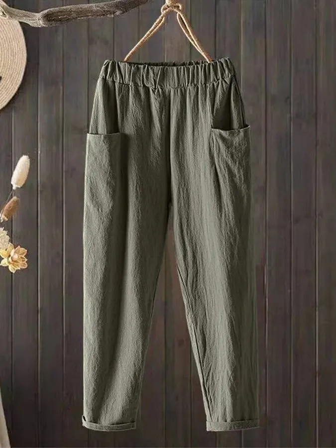 Women's Casual Pure Color Literary Cotton Pants