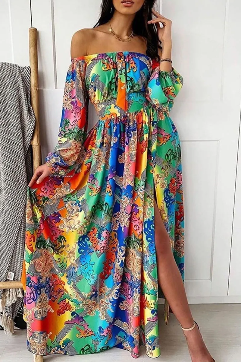 Colour Casual Elegant Print Split Joint Off the Shoulder Straight Dresses