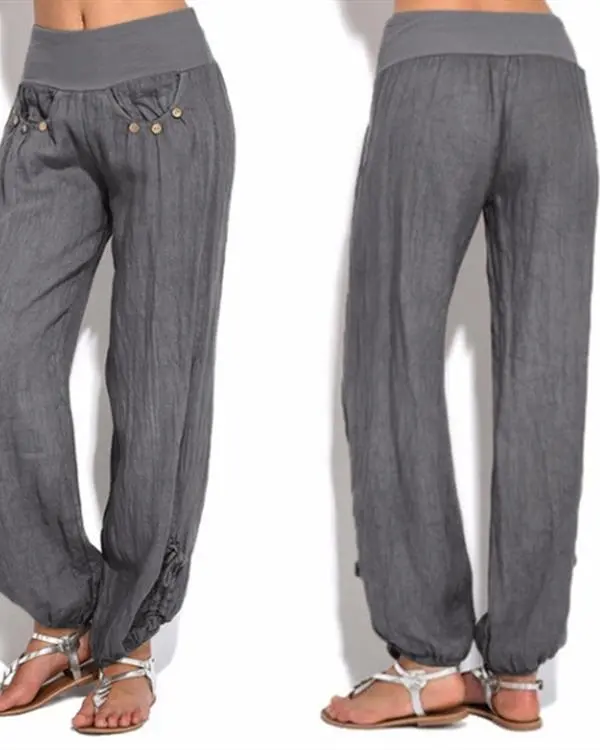 Women Casual Button Plus Size Wide Leg Pants
