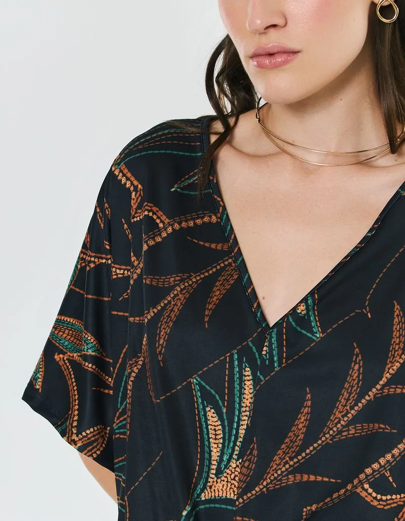 Printed Blouse Foliage Topstitching - Black