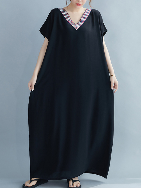 Casual Artistic Retro Striped V-Neck Short Sleeves Maxi Dress