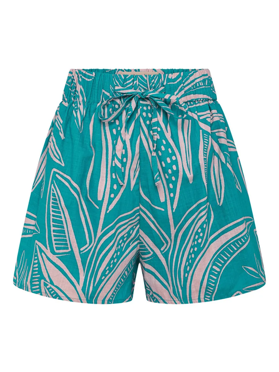 Women's green printed shirt + short 2-piece set