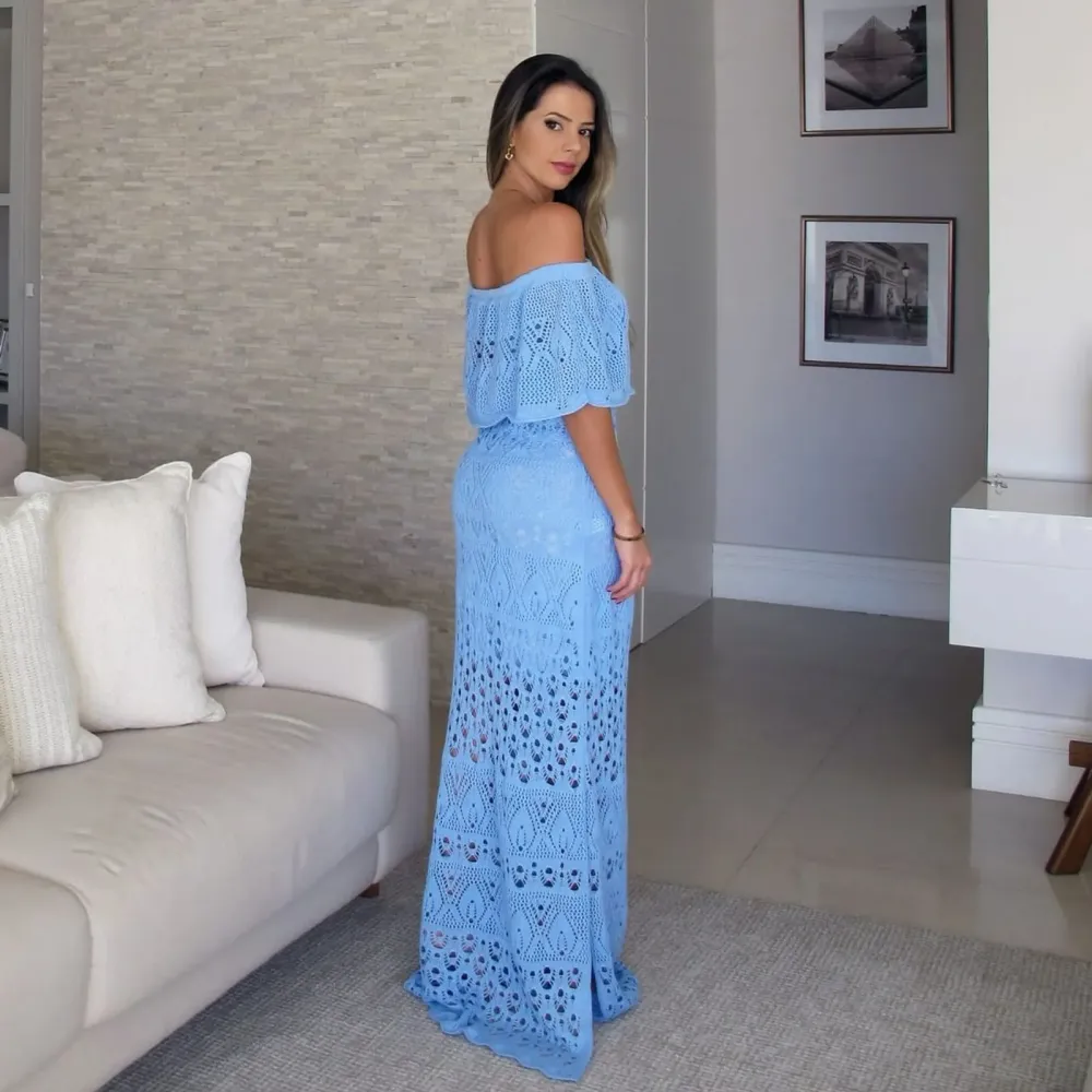 Long Off-the-Shoulder Dress in Blue Knit