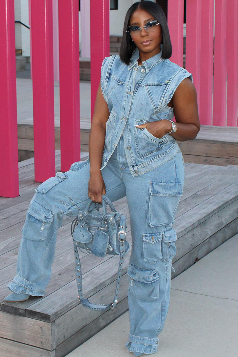 Sleeveless Button Up Denim Jacket Wide Leg Pockets Jeans Matching Set