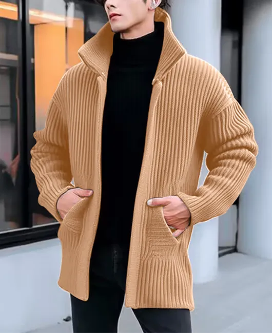 Daily High Neck Slant Pockets Rib Knit Solid Sweater