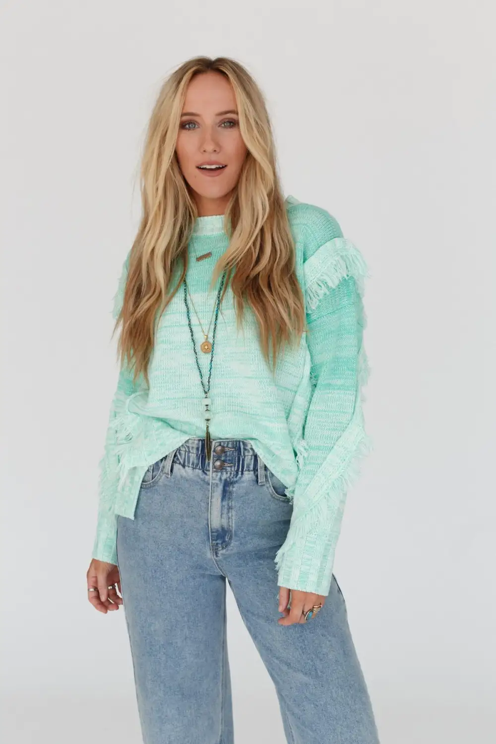 Fade Away Fringe Sweater - Seafoam