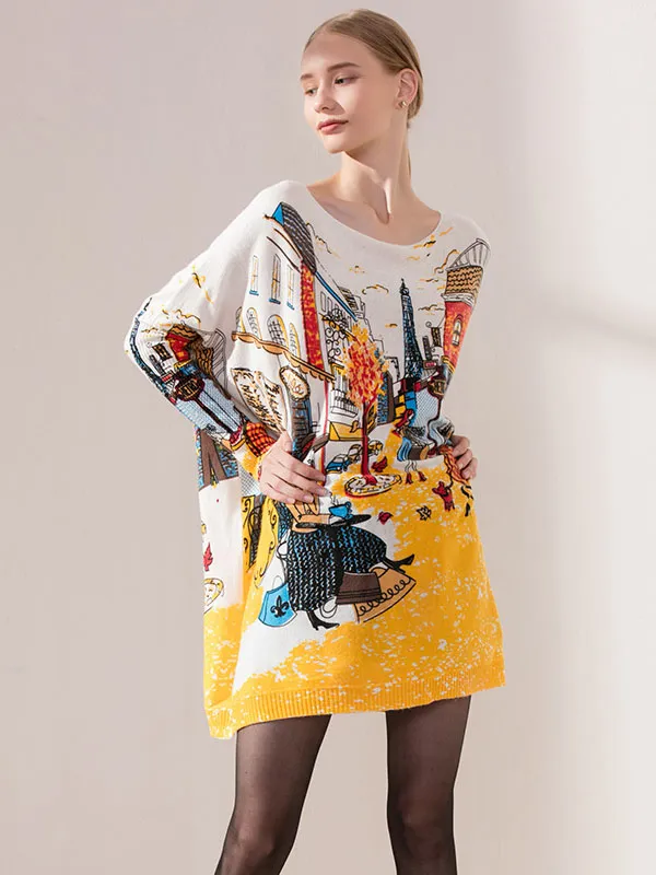 Original Loose Cartoon Printed Round-Neck Long Sleeves Sweater Dress