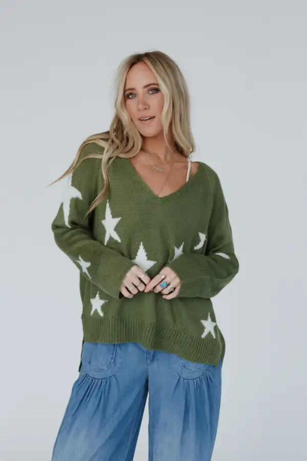 Shining Nights Starry V Neck Sweater - Green