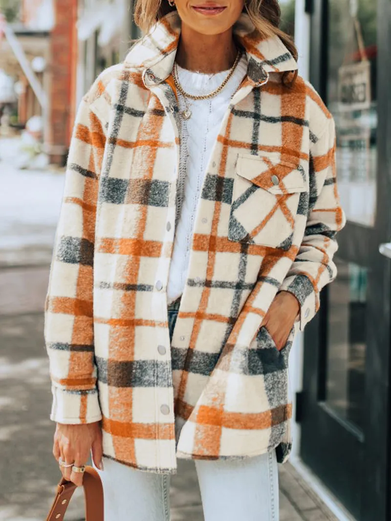 Plaid Print Turn Down Collar Buttoned Shacket