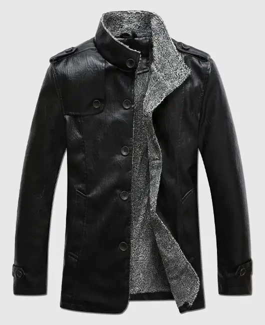 Stand Collar Button Detail Fuzzy Lined Faux Leather Jacket