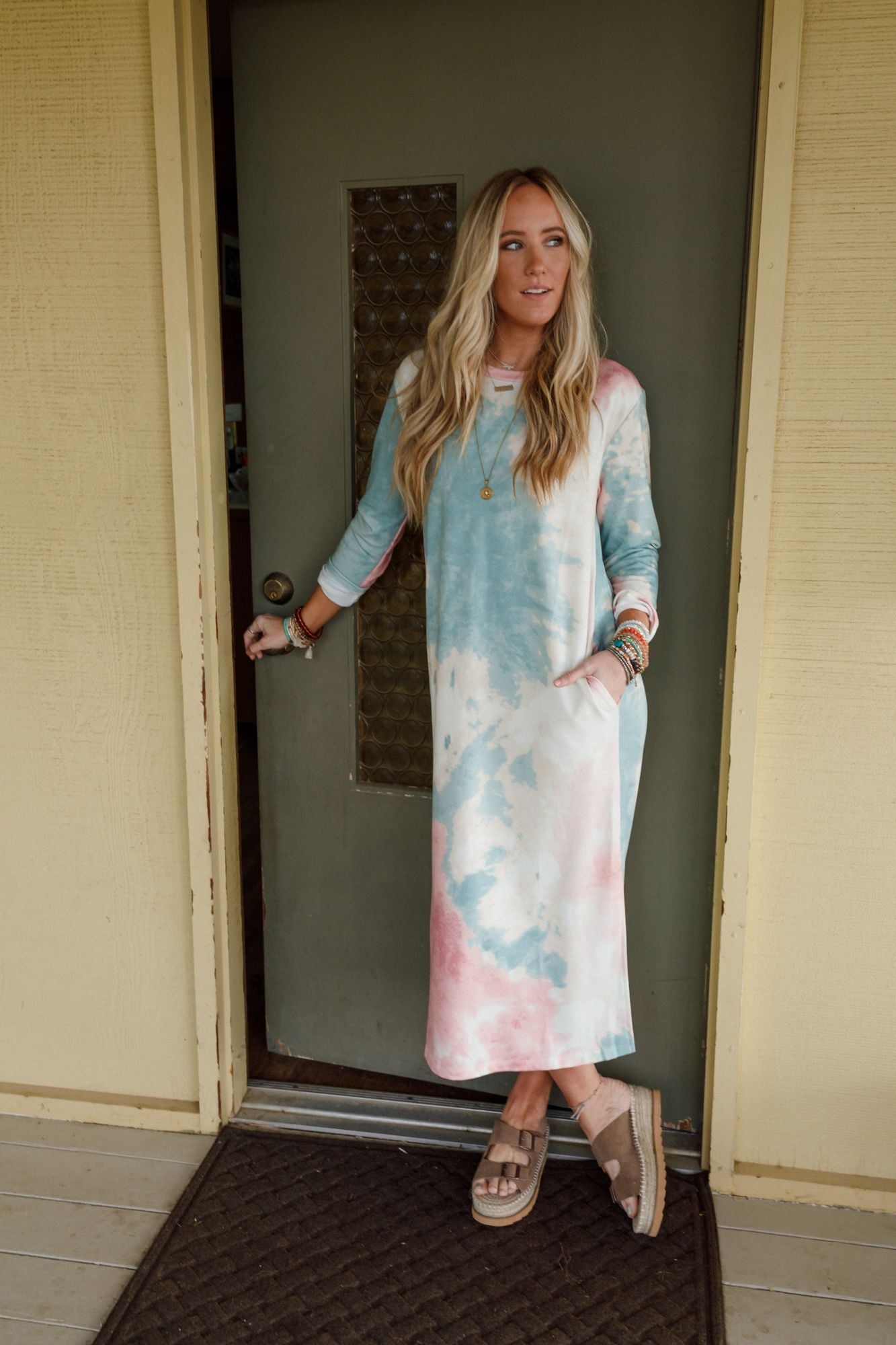 Soul Shine Pocketed Tie Dye Midi Dress - Sage