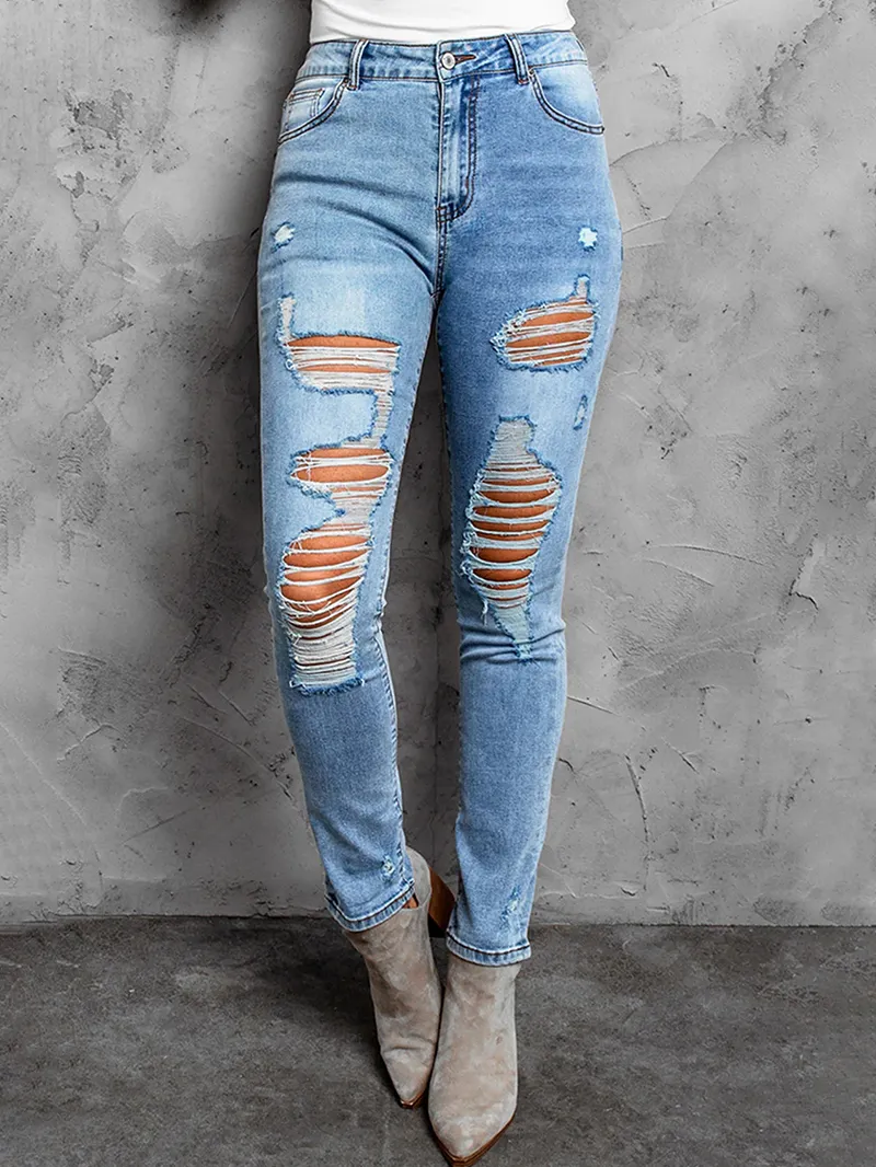 Casual ripped solid color women's jeans