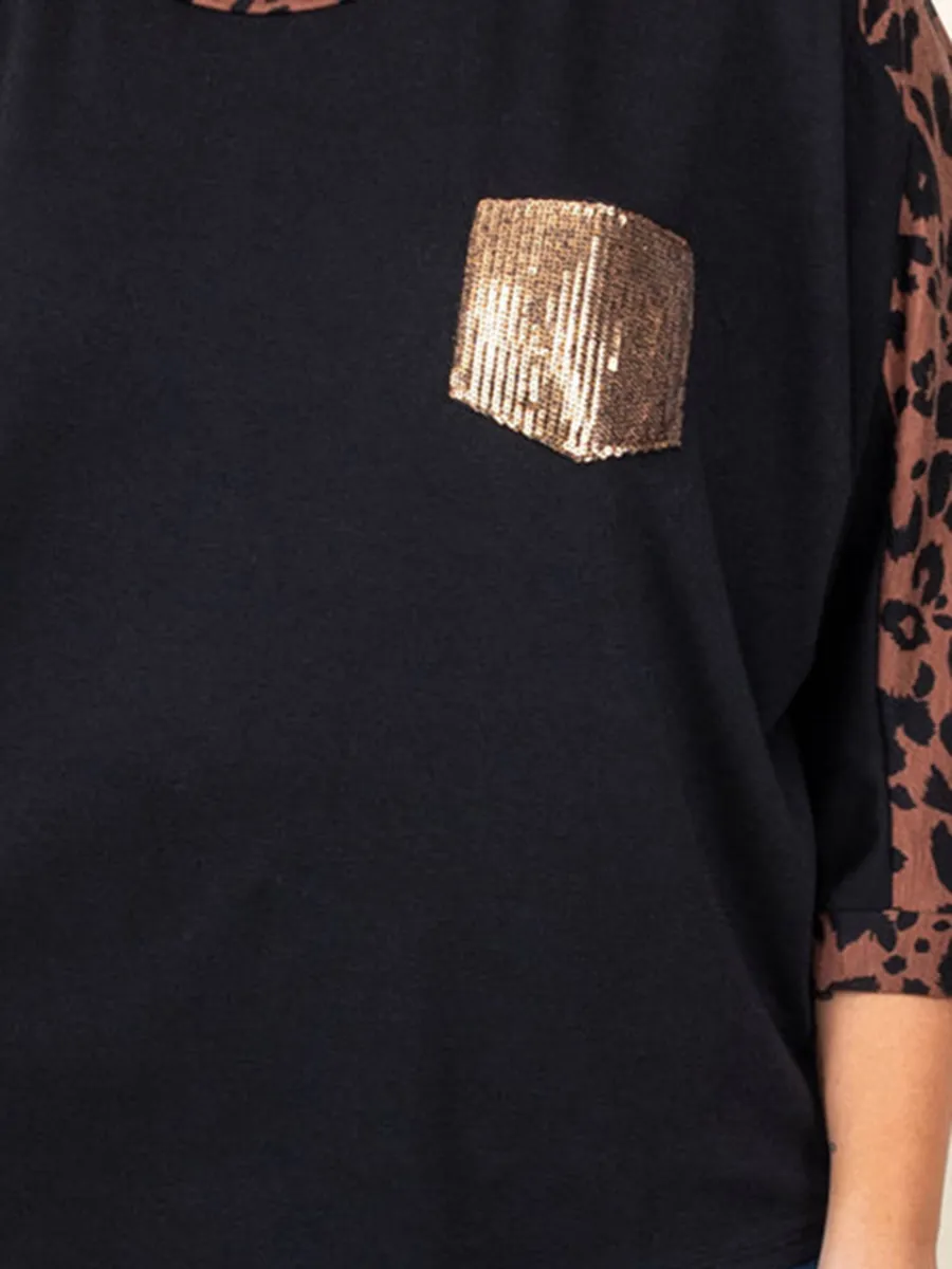 Spliced leopard patch pocket sequin T-shirt