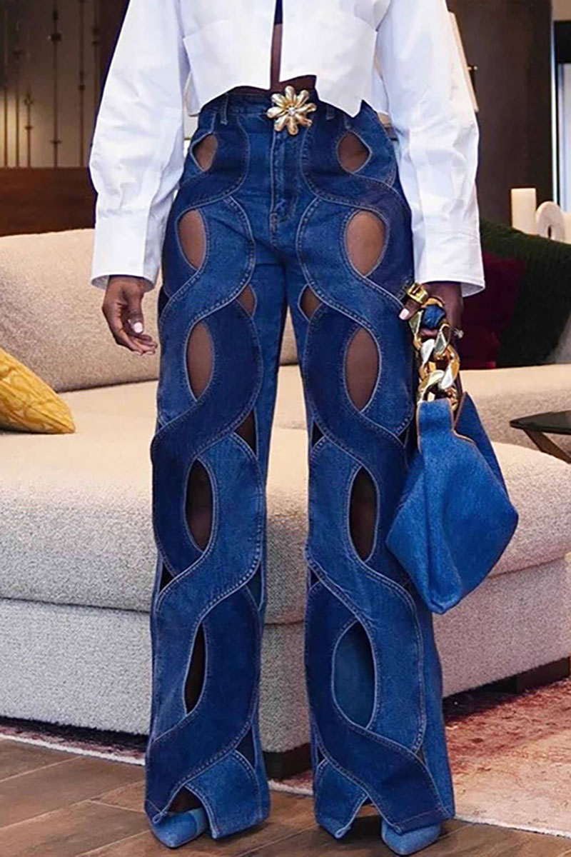 Denim Metallic Flower Decor Braided Cut Out Straight Leg Jeans