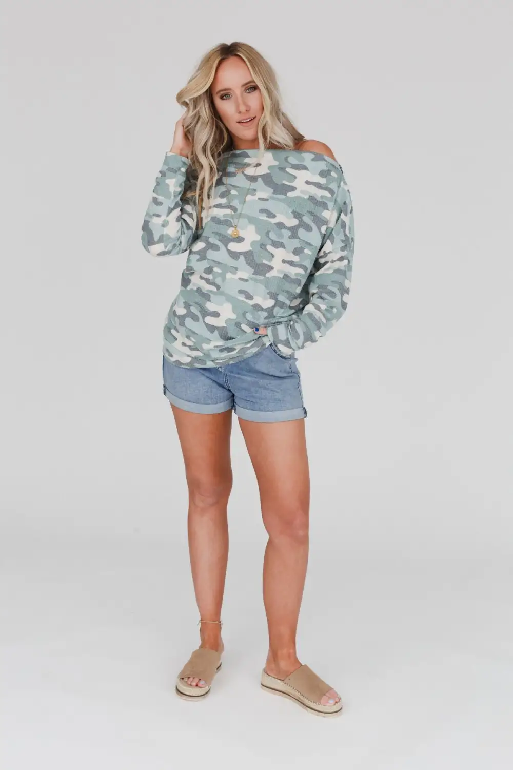 Esme Zipper Long Sleeve Sweater Top - Sage Camo