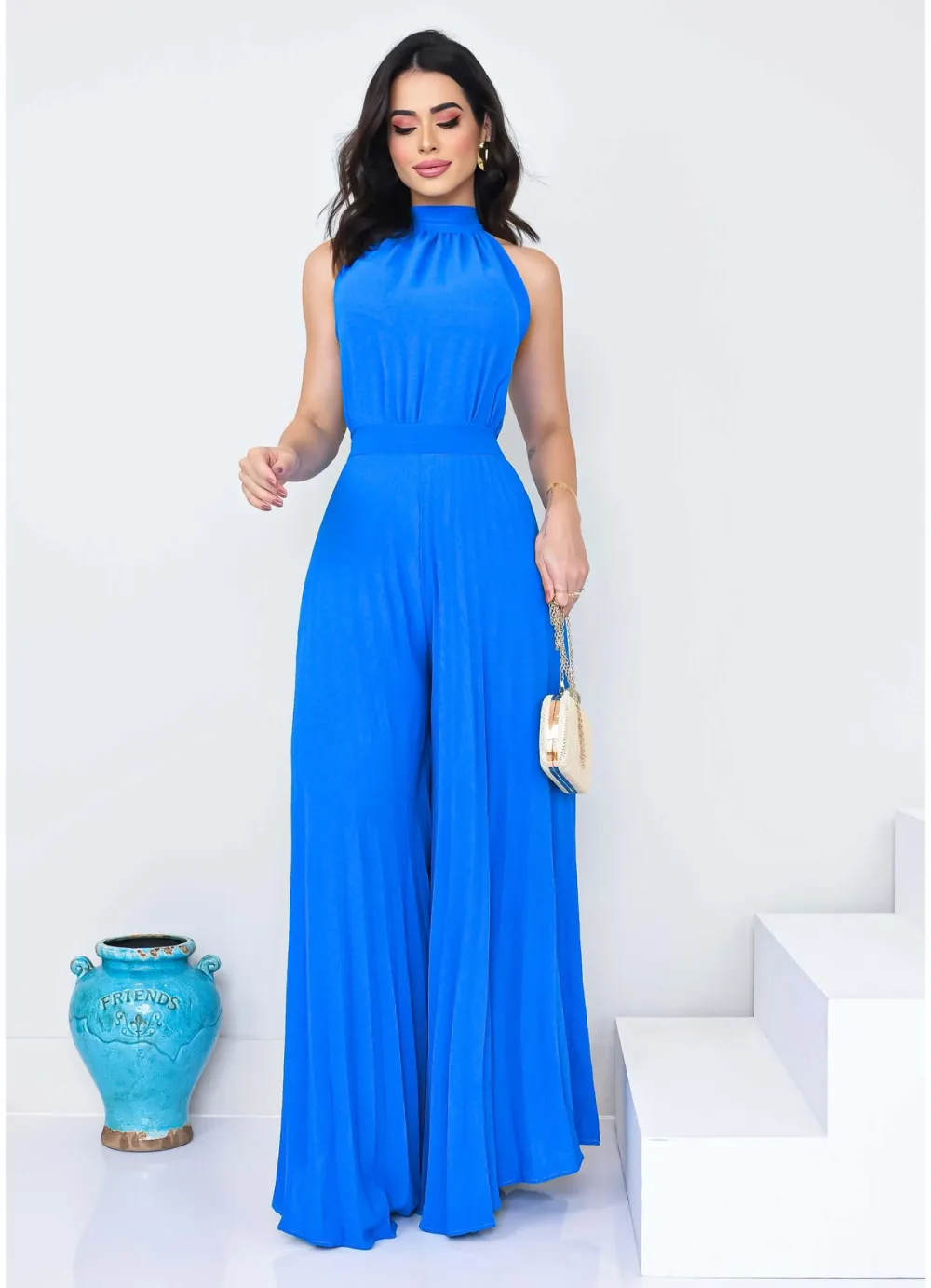 PLEATED WIDE LEG JUMPSUIT WITH TIE BACK