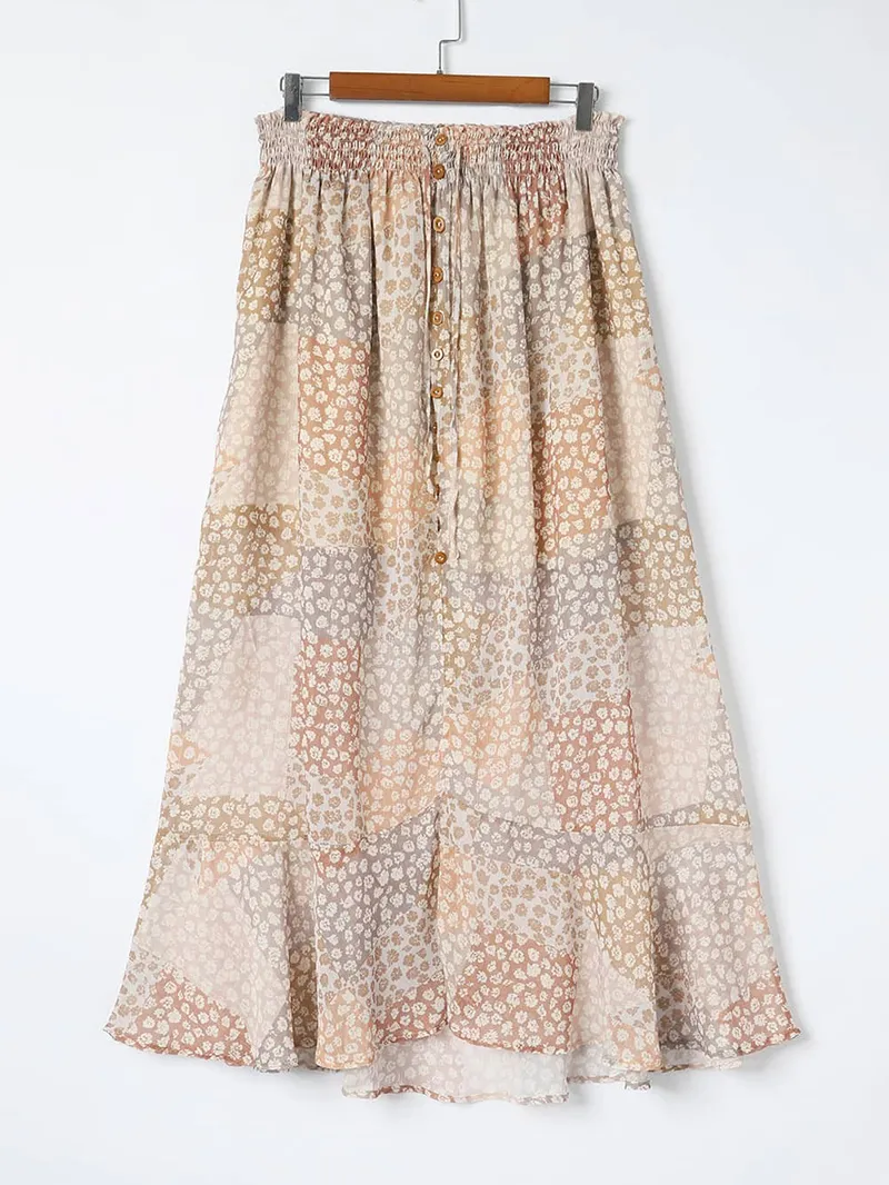 SPLIT BUTTONS DRAWSTRING SHIRRED FLORAL MAXI SKIRT