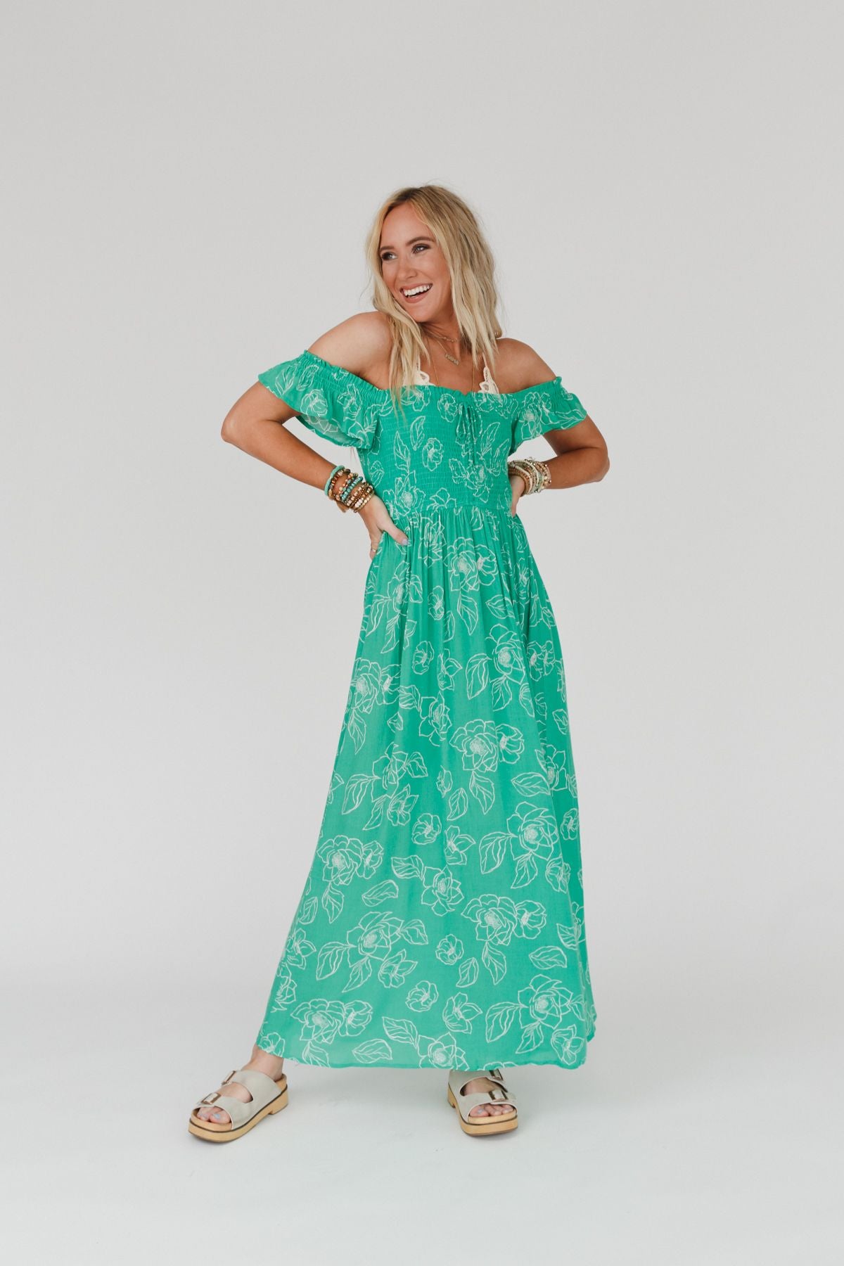 Blooming Love Off The Shoulder Maxi Dress - Green