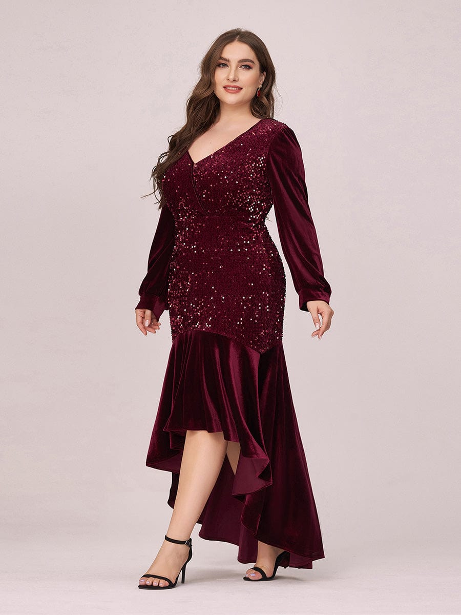 Gorgeous Wholesale Sequin & Velvet High-Low Plus Size Party Dress