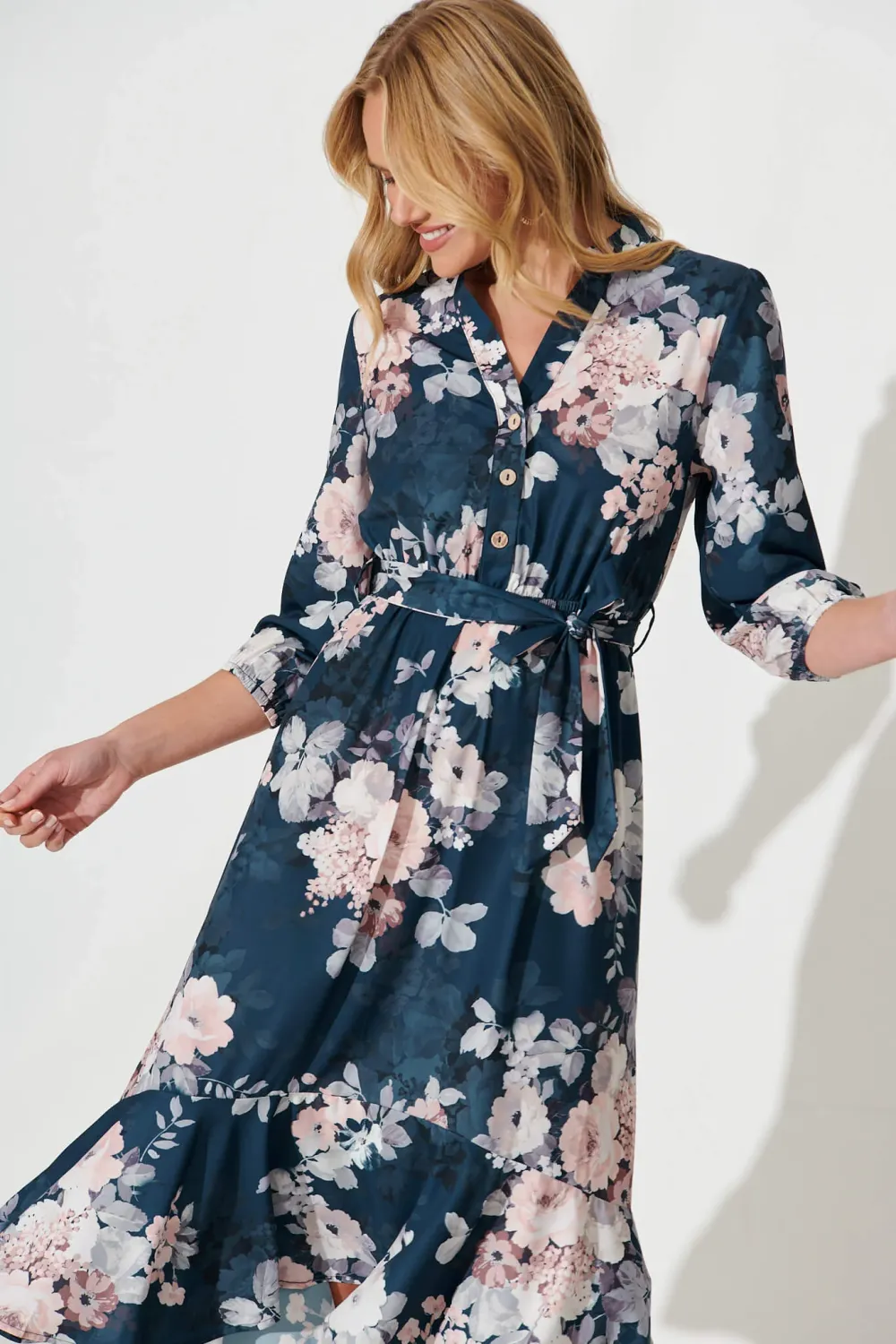 Jemimah Midi Dress In Teal With Blush Floral Print