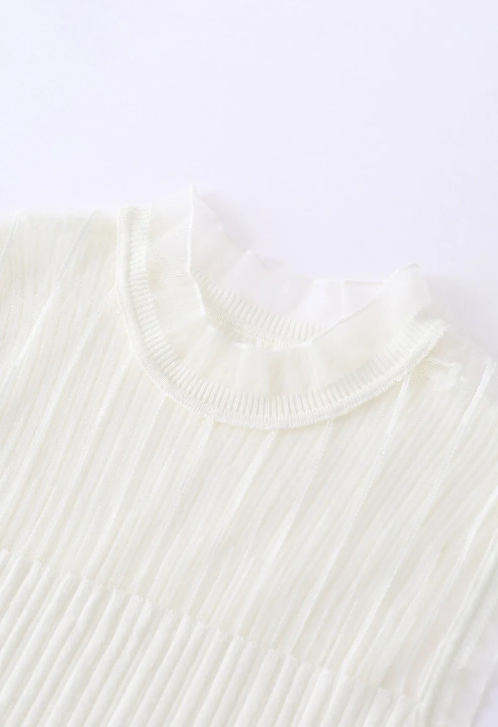 RUFFLED MOCK NECK MESH SPLICED KNIT TOP IN IVORY