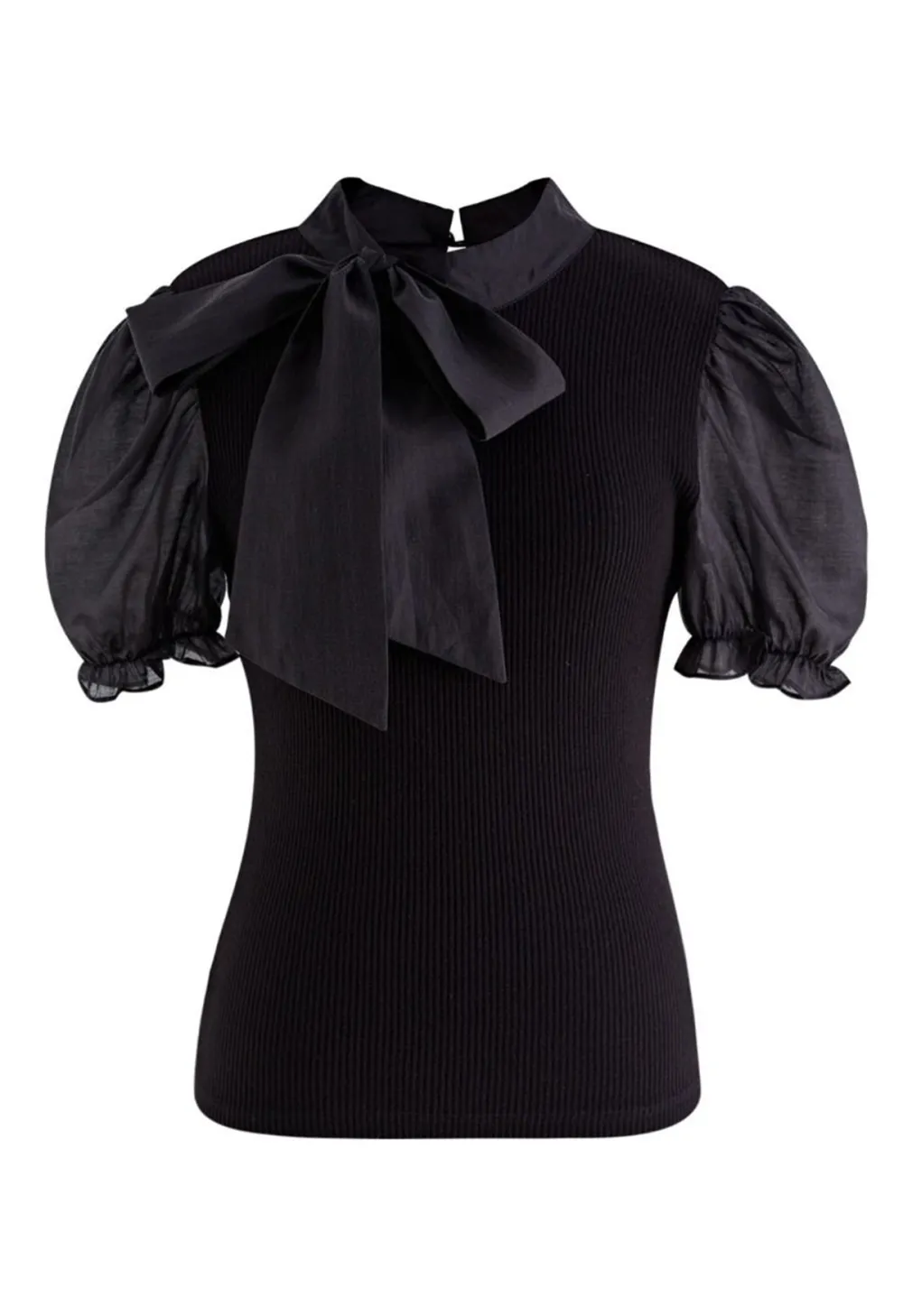 SHORT SLEEVE DETACHABLE BOWKNOT SPLICED KNIT TOP IN BLACK