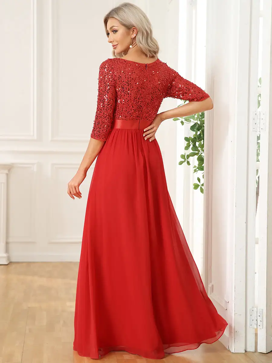 Elegant Round Neckline 3/4 Sleeve Sequins Patchwork Wholesale Evening Dress